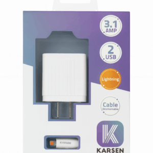 Cargador KARSEN 3.1A con doble puerto USB y cable Lightning